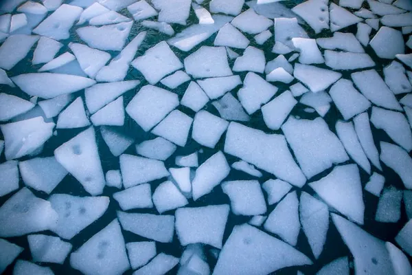 Broken ice chunks floating on dark water