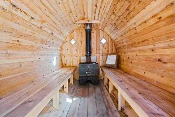 Interior of a traditional wooden barrel sauna